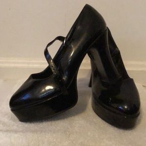 Black patent stack heels